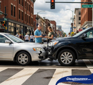 People exchanging information after a car collision, illustrating the importance of having the right car insurance policy after an accident.