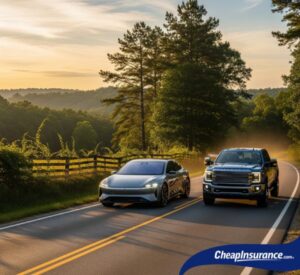 Two cars driving on a road in Georgia, illustrating the most popular new cars & trucks and how they affect insurance costs.