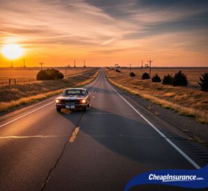 A car driving down a rural road in Oklahoma, representing the diverse terrains that the top vehicles for the state are built to handle.