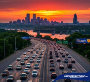Many cars on a busy freeway in Minnesota, representing the most popular vehicles driven in the state.
