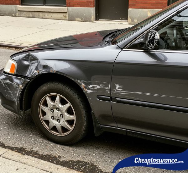 A car with visible damage, symbolizing the accident or violation that can lead to an SR22 filing on a driving record.