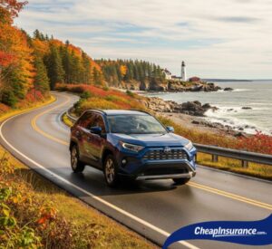 A car driving on a rural road in Maine, symbolizing the top vehicle choices for drivers in the state's unique climate and terrain.