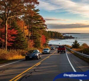 Cars driving on a road in Massachusetts, illustrating the most popular vehicles and how their features affect insurance rates.