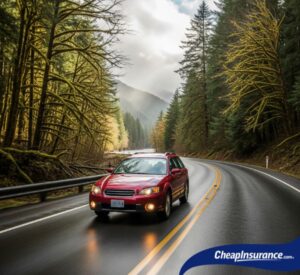 A photo of a Subaru Outback driving on a scenic road in Oregon, representing one of the state's most popular vehicle types for outdoor adventure.