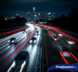 Many cars on a busy highway at night, symbolizing the importance of vehicle safety and its effect on car insurance premiums.