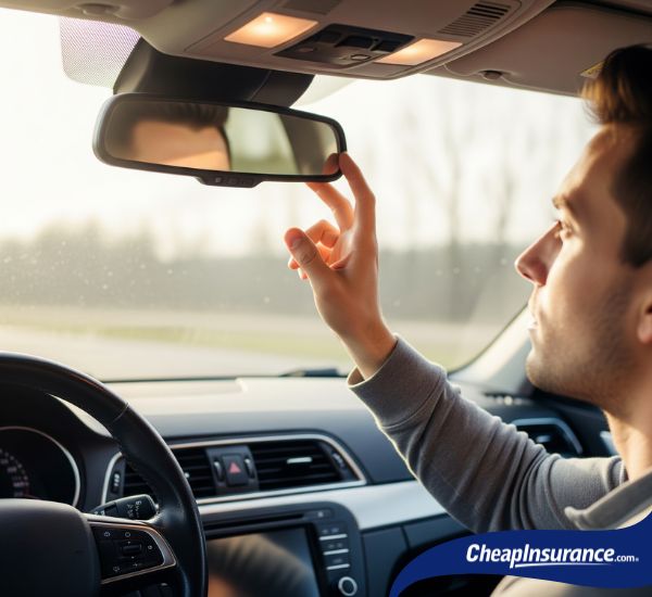 A man adjusting his car's rear-view mirror, symbolizing the proactive steps and careful attention required to become a safe and responsible driver.