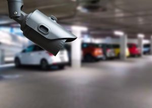A security camera mounted in a parking lot, symbolizing how a vehicle's parking location and security measures can affect car insurance costs and risk.