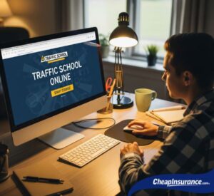 A man completing an online traffic school course on his computer to remove points and lower his insurance rates.