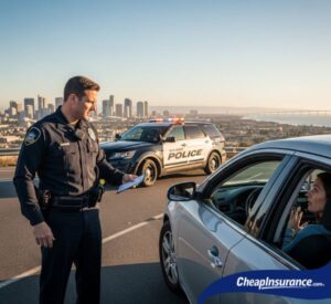 Police officer issuing a traffic citation in San Diego, a situation that may require SR22 insurance.