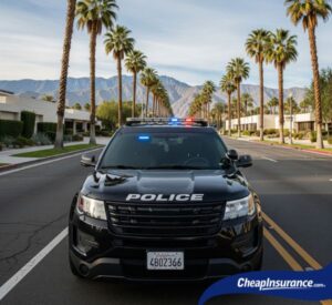 Police car driving down a street in Cathedral City, CA, representing enforcement of SR22 insurance requirements for DUI and reckless driving offenses.