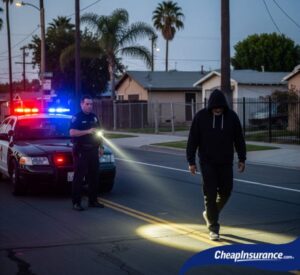 A man performing a sobriety test on a street in Compton, CA, with a police officer shining a flashlight, representing enforcement of SR22 insurance requirements for DUI and reckless driving offenses.