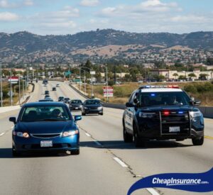 Police car driving through Corona, CA, representing traffic violations that may lead to an SR22 filing.
