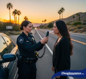 A woman being breathalyzed by a police officer in Desert Hot Springs, CA, a situation that often leads to a DUI and the need for SR22 insurance.