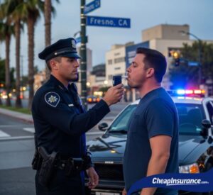 A man being breathalyzed by a police officer in Fresno, CA, a situation that often leads to a DUI and the requirement for SR22 insurance.