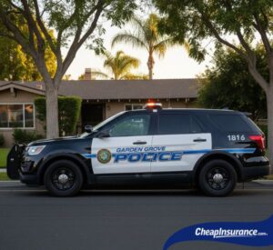 Police car driving down a street in Garden Grove, CA, representing enforcement of SR22 insurance requirements for DUI and reckless driving offenses.