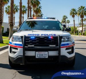 Police car driving down a street in Indio, CA, representing enforcement of SR22 insurance requirements for DUI and reckless driving offenses.