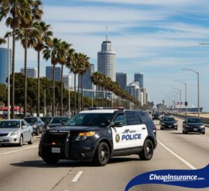 Long Beach police car on patrol, a visual cue for the need for SR22 insurance.