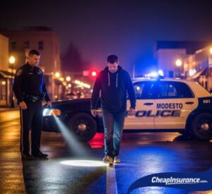 Man performing a DUI field sobriety test in Modesto, CA, representing a traffic violation that can lead to needing SR22 insurance.