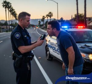 A man being breathalyzed by a police officer in Moreno Valley, CA, a situation that often leads to a DUI and the need for SR22 insurance.