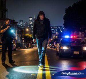 A driver performs a field sobriety test, a situation often resulting in a DUI and the requirement for SR22 coverage.