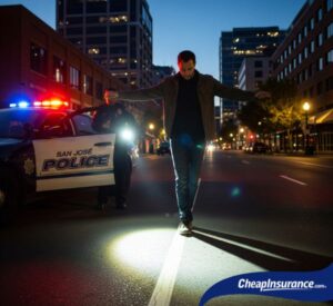 Man performing a DUI field sobriety test in San Jose, CA, a situation that can lead to an SR22 filing.