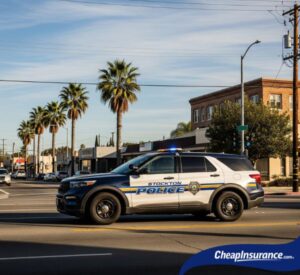 Police car driving through downtown Stockton, CA, representing traffic violations that may lead to an SR22 filing.