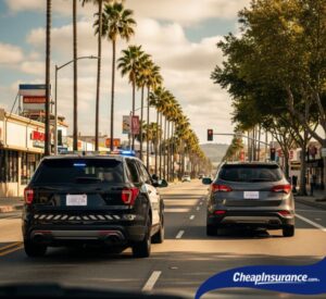 Police car driving down a street in Westminster, CA, representing enforcement of SR22 insurance requirements for DUI and reckless driving offenses.