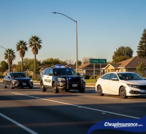 Police car driving down a street in Yuba City, CA, representing enforcement of SR22 insurance requirements for DUI and reckless driving offenses.