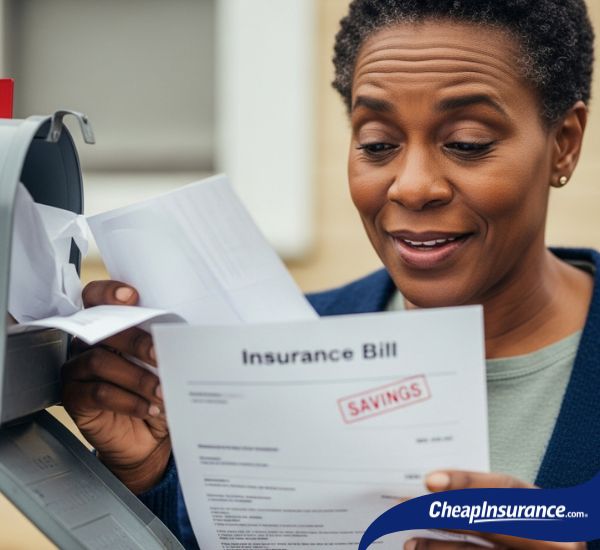 A woman looking relieved while reviewing her insurance bill, symbolizing the financial relief of finding car insurance discounts and savings.