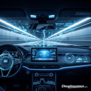 An AI dashboard in a car with a digital display, symbolizing how artificial intelligence is being used to transform the auto insurance industry.