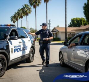 A police officer approaching a car on a street in Anaheim, CA, representing enforcement of SR22 insurance requirements for DUI and reckless driving offenses.