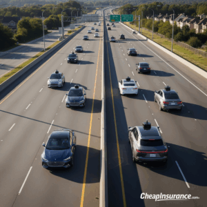 A group of self-driving cars operating on a freeway, symbolizing the future of autonomous vehicles and their potential impact on car insurance.