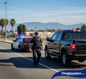 A police officer approaching a pulled-over car in El Monte, CA, representing traffic enforcement that can lead to SR22 insurance requirements.