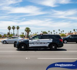A police car driving down a street in Hemet, CA, symbolizing traffic enforcement that can lead to SR22 insurance requirements for drivers.