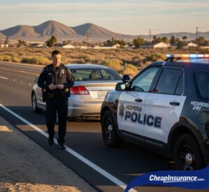 A police car officer pulling over a car in Hesperia, CA, symbolizing traffic enforcement that can lead to SR22 insurance requirements for drivers.