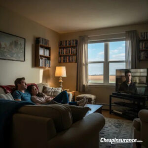 A couple watching TV in their living room, symbolizing the comfort of an apartment and the peace of mind provided by renters insurance.