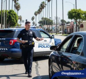 A police officer approaching a car on a street in Inglewood, CA, representing enforcement of SR22 insurance requirements for DUI and reckless driving offenses.