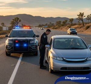 A police officer talking to a driver during a traffic stop in Lancaster, CA, a situation that may require an affordable SR22 Insurance Lancaster.