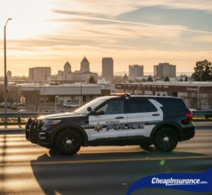 A police car patrolling a road in Merced, CA, symbolizing traffic enforcement that may lead to SR22 insurance requirements.
