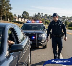 A police officer pulling over a car on a street in Montclair, CA, symbolizing traffic enforcement that can lead to SR22 insurance requirements for drivers.