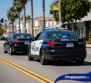 A police car pulled behind a civilian car in Pomona, CA, representing a traffic stop that can lead to a requirement for SR22 insurance.