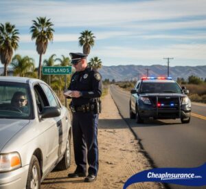 A police officer writing a ticket for a driver in Redlands, CA, a traffic violation that can lead to a requirement for SR22 insurance.