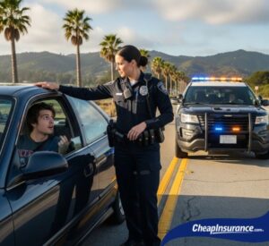 A police officer approaching a pulled-over car in Santa Cruz, CA, representing traffic enforcement that can lead to SR22 insurance requirements.