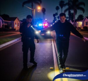 A man performing a sobriety test on a street in Santa Ana, CA, with a police officer shining a flashlight, representing enforcement of SR22 insurance requirements for DUI and reckless driving offenses.