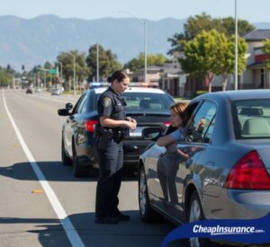 A police officer approaching a pulled-over car in Visalia, CA, representing traffic enforcement that can lead to SR22 insurance requirements.