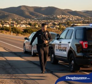 A police officer walking from a car to his patrol vehicle in Yucaipa, CA, symbolizing traffic enforcement that can lead to SR22 insurance requirements.