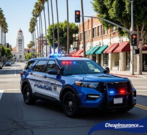A police car driving through the city streets of Alhambra, California, related to SR22 insurance information.