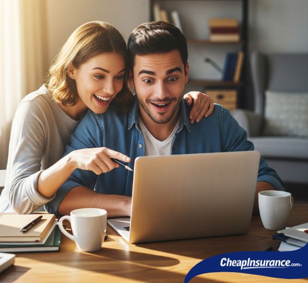 An excited couple reviewing savings on a laptop, symbolizing the financial relief of finding a good deal on their auto insurance policy.