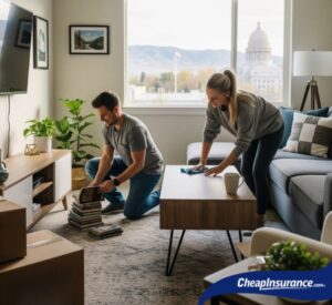 Couple moving into their new apartment in Boise, Idaho, a perfect time to protect their new belongings with renters insurance.