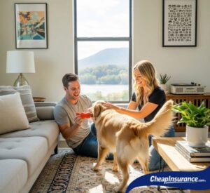 Couple playing with their golden retriever in their Chattanooga living room, a perfect example of the personal property renters insurance protects.